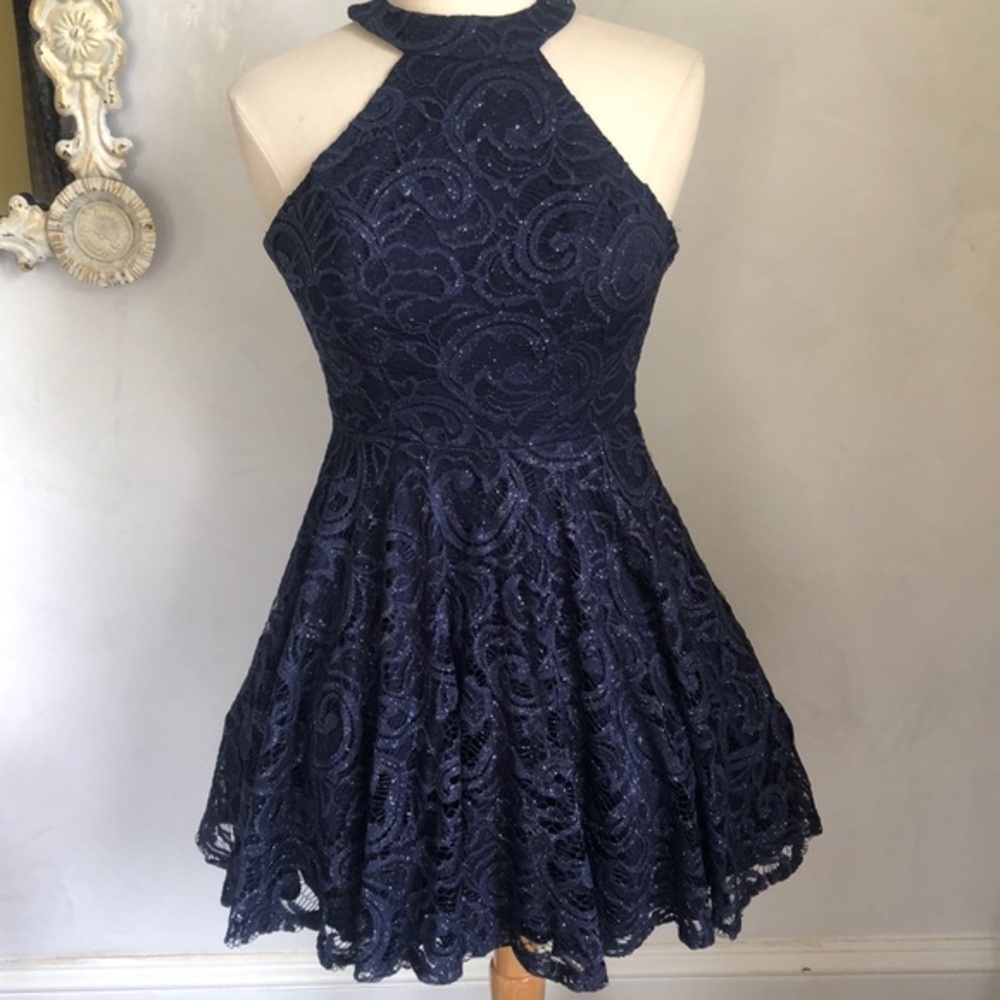 B Darling Navy sparkly Mini Halter Dress w/lining and tool underneath Size 1/2
